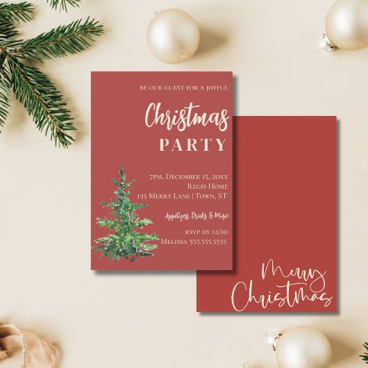 ミニマリストウォーターカラーツリークリスマスパーティー 招待状