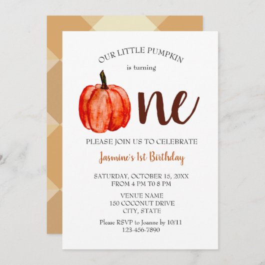 ミニマリストウォーターカラーパンプキンファースト誕生日秋 招待状 (正面/裏面)