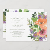 ミニマリストウォーターカラーパープルオレンジ結婚フローラ 招待状 (正面/裏面)