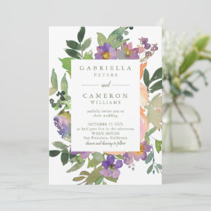 ミニマリストウォーターカラーパープルシック結婚フローラ 招待状