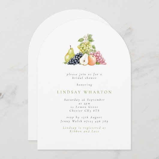 ミニマリストウォーターカラーフルーツブライダルシャワー 招待状 (正面/裏面)