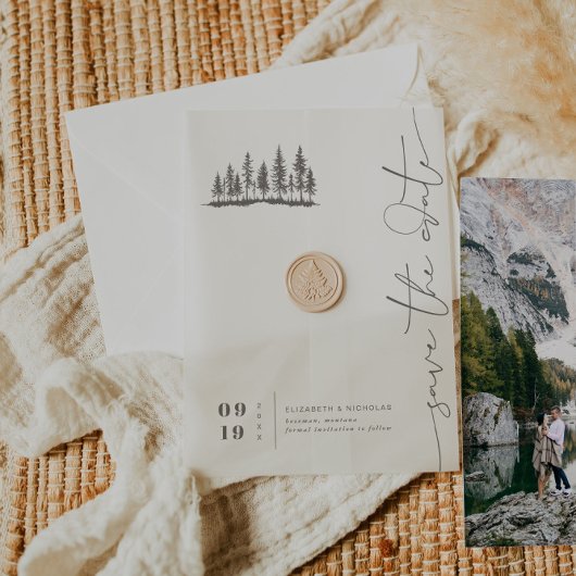 ミニマリストウッドランドエレガンス | セーブザデート ベラム紙招待状