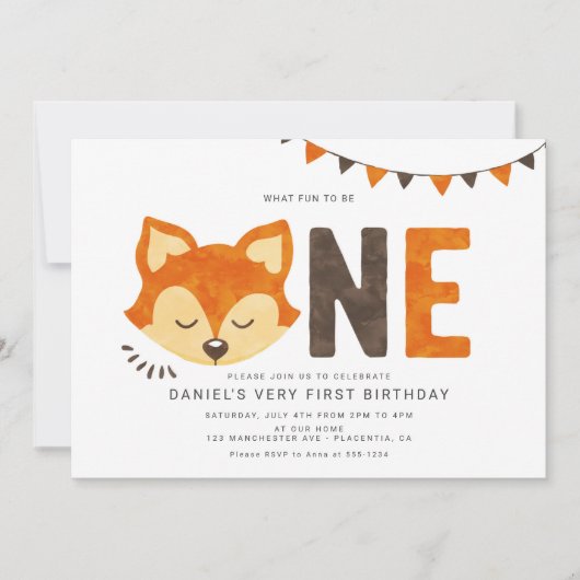 ミニマリストウッドランドキツネ最初の誕生日招待状 招待状 (正面)