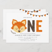 ミニマリストウッドランドキツネ最初の誕生日招待状 招待状 (正面/裏面)