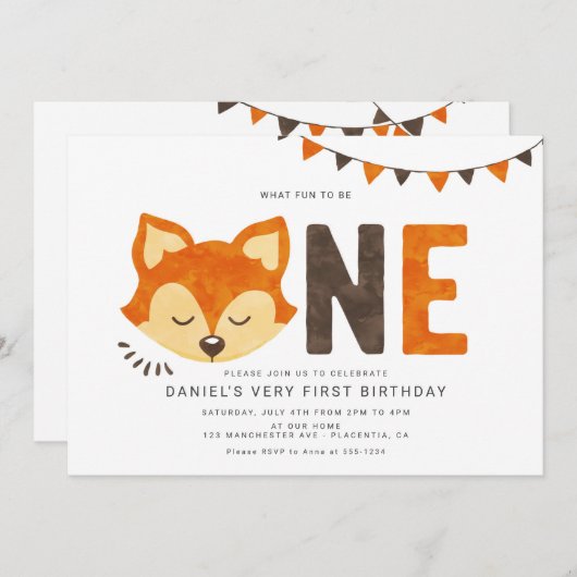 ミニマリストウッドランドキツネ最初の誕生日招待状 招待状 (正面/裏面)