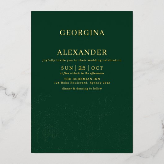 ミニマリストエメラルドグリーン金ゴールド結婚フローラ 箔招待状 (正面)