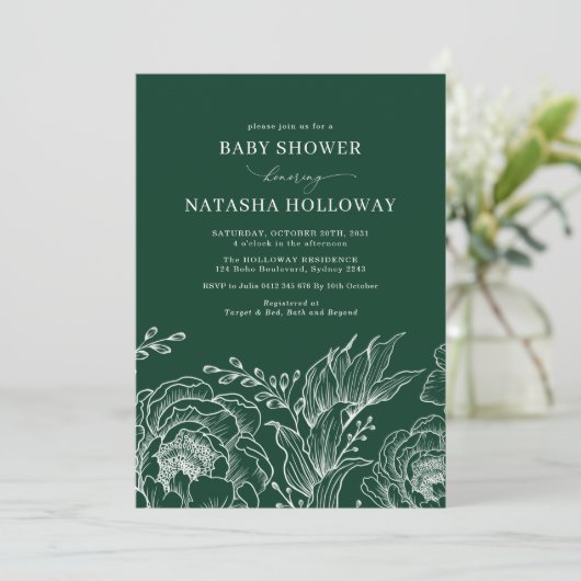 ミニマリストエメラルドボホ植物性ベビーシャワー 招待状 (スタンド正面)