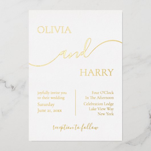 ミニマリストエレガントなウェディング実在金ゴールド 箔招待状 (正面)