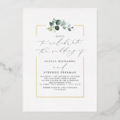 ミニマリストエレガントグリーンリーフォント結婚の 箔招待状 (正面)