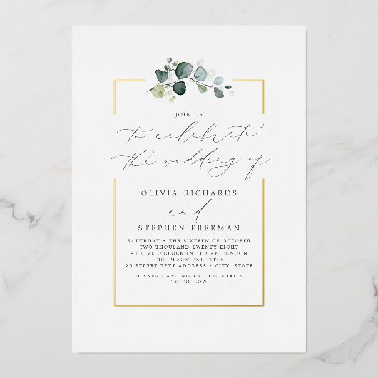 ミニマリストエレガントグリーンリーフォント結婚の 箔招待状 (正面)