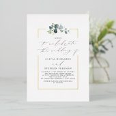 ミニマリストエレガントグリーンリーフォント結婚の 箔招待状 (立ち正面)