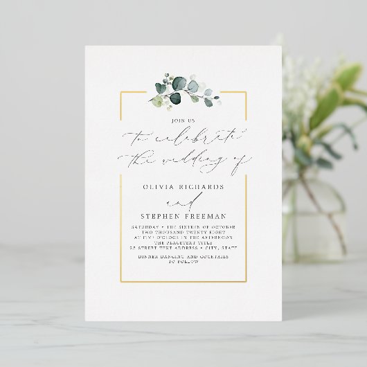 ミニマリストエレガントグリーンリーフォント結婚の 箔招待状 (立ち正面)