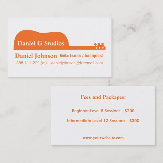 ミニマリストオレンジギターシルエットミュージシャン 名刺 (正面/裏面)