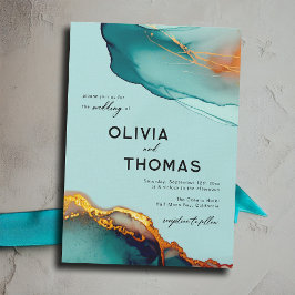 ミニマリストオレンジティール（緑がかった色）モダンスクリプト秋の結婚式 招待状