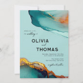 ミニマリストオレンジティール（緑がかった色）モダンスクリプト秋の結婚式 招待状 (正面)