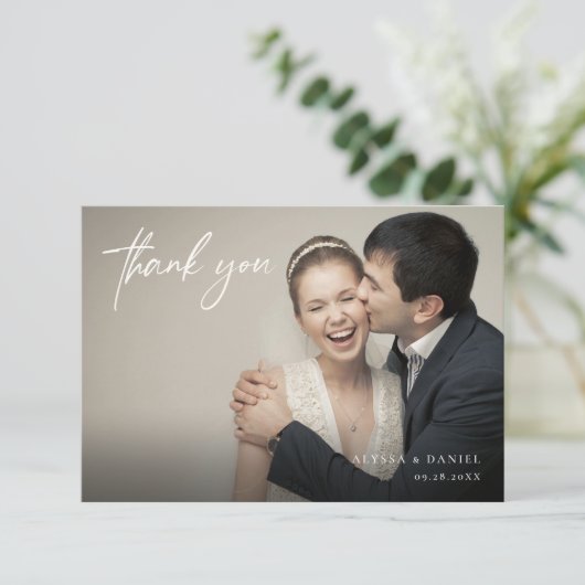 ミニマリストカスタムオーバーレイ結婚横向き写真 サンキューカード (スタンド正面)