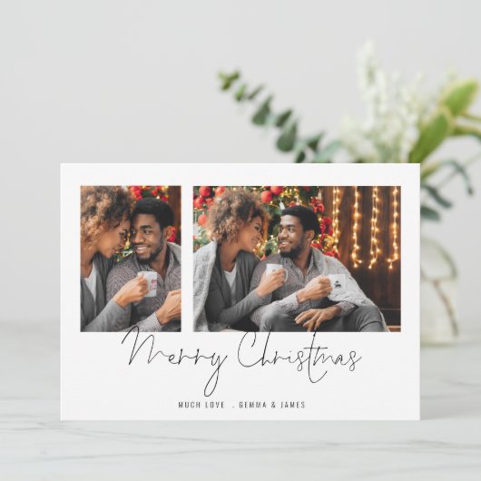 ミニマリストカップル2枚の写真スクリプトメリークリスマス シーズンカード (スタンド正面)