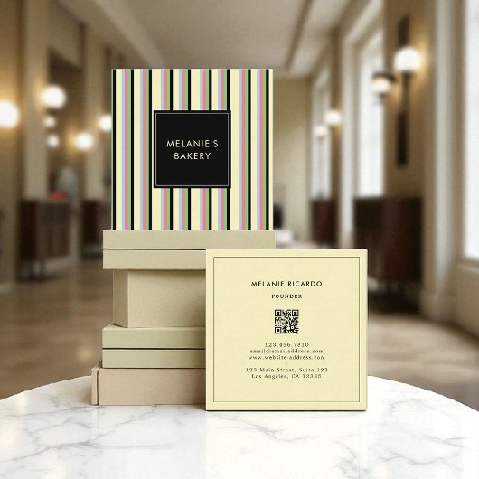 ミニマリストカラフルストライプレトロQRコードベーカリー スクエア名刺