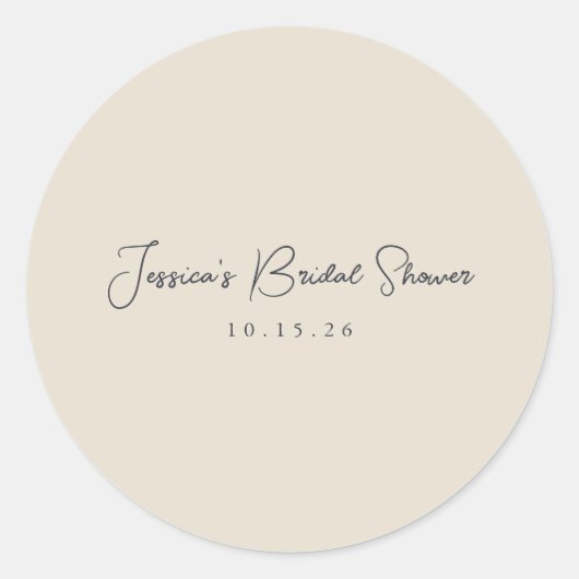 ミニマリストカリグラフィーアイボリー ブラック ブライダルシャワー ラウンドシール (正面)