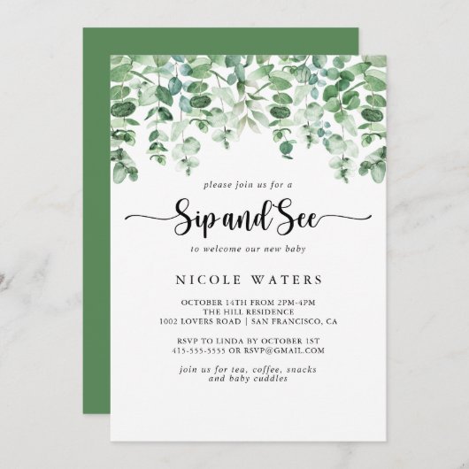 ミニマリストカリグラフィーイucalyptusシップアンドシービー 招待状 (正面/裏面)