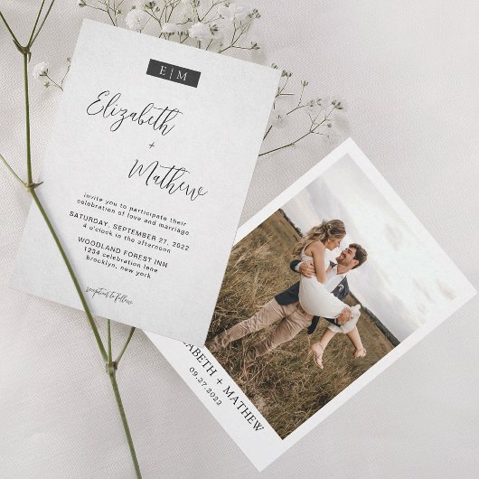 ミニマリストカリグラフィー モノグラム フォト ウェディング 招待状