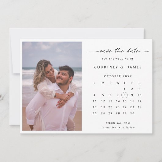 ミニマリストカレンダーの写真を使った Save the Date ご案内 招待状 (正面)
