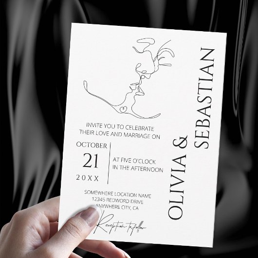 ミニマリストキスをするワンラインア結婚ートカップル 招待状