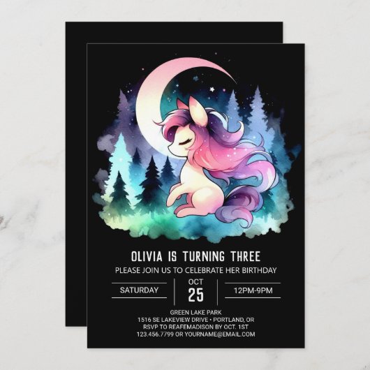 ミニマリストキュートホース誕生日 招待状 (正面/裏面)