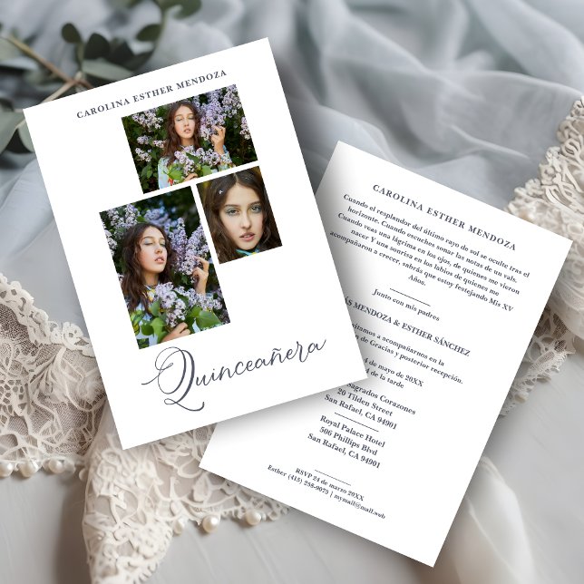 ミニマリストキンセニェスペインのラ3フォトコラージュ (Minimalist Quinceañera Spanish 3 Photos Collage Invitation.)