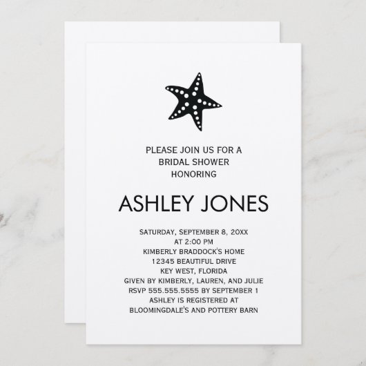 ミニマリストクラフトスターフィッシュブライダルシャワー招待 招待状 (正面/裏面)