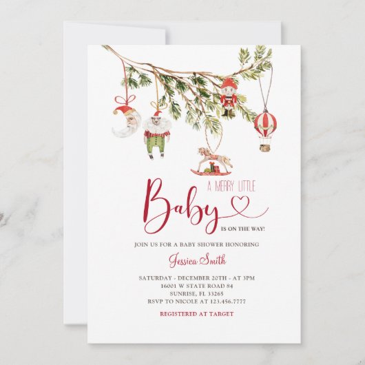 ミニマリストクリスマスオーナメントホリデーパーティー 招待状 (正面)