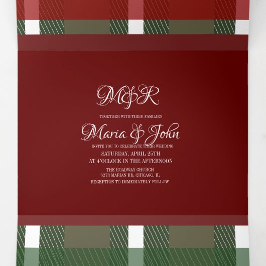 ミニマリストクリスマス·プレイド·ホワイト·リングや輪·ロゴ結婚ズ 三つ折り招待状 (内部中)