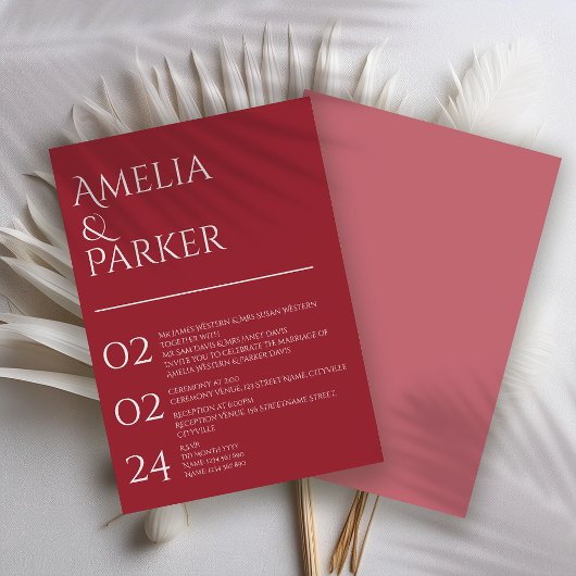 ミニマリストクリムゾンレッド結婚式招待状 招待状