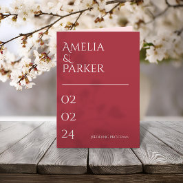 ミニマリストクリムゾンレッド結婚式 プログラム