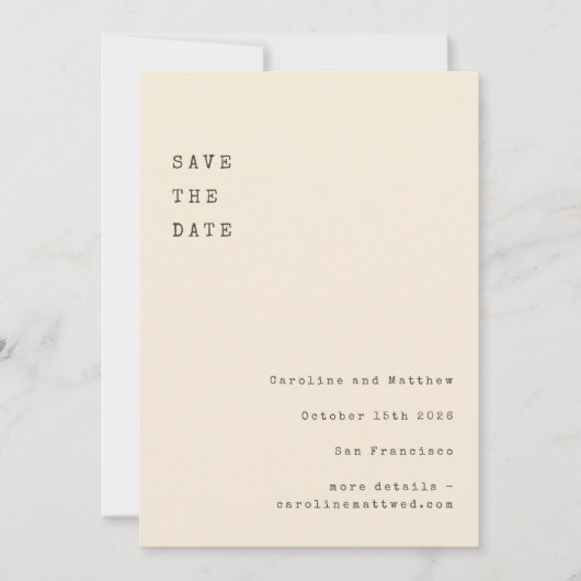 ミニマリストクリームレトロタイプライターフォントウェディング セーブザデート (正面)