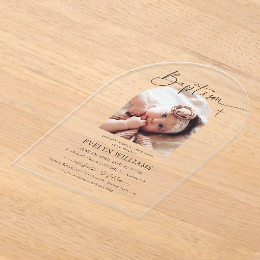 ミニマリストクロスバプテスマ&《キリスト教》洗礼式や命名式フォトアーチ アクリル招待状 (レイダウン)