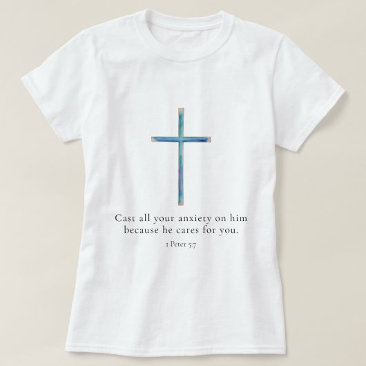 ミニマリストクロス 1ペテロ 5:7 Tシャツ (デザイン正面)