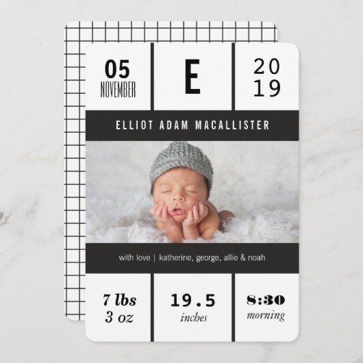ミニマリストグリッドベビー統計フォトデザイン誕生 案内状 (正面/裏面)