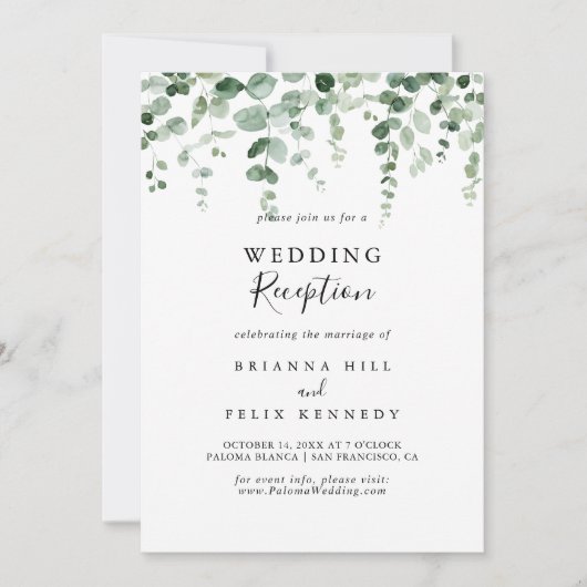 ミニマリストグリーンのユーカリの結婚式の受付 招待状 (正面)