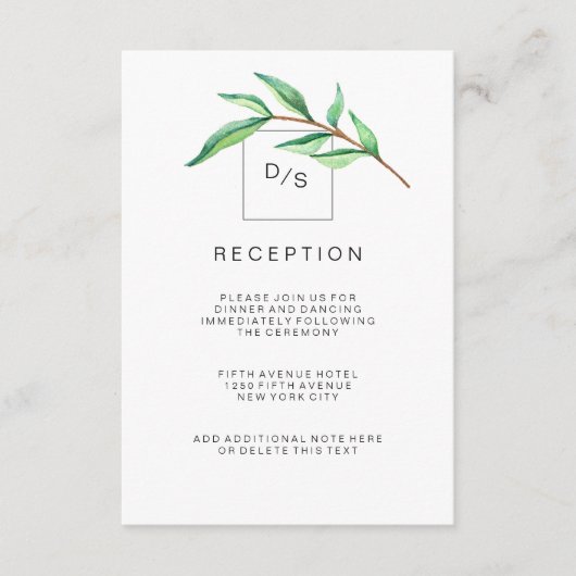 ミニマリストグリーンの葉の結婚式の披露宴 エンクロージャーカード (正面)