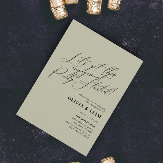 ミニマリストグリーンの賢者カリグラフィーエンゲージメントパーティー 招待状