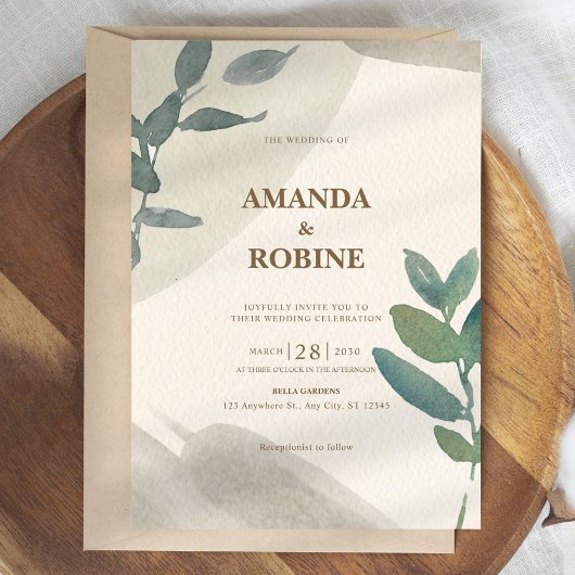 ミニマリストグリーンウォーターカラーリーフエレガントな結婚式 招待状