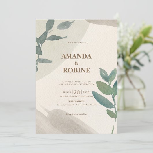 ミニマリストグリーンウォーターカラーリーフエレガントな結婚式 招待状 (スタンド正面)