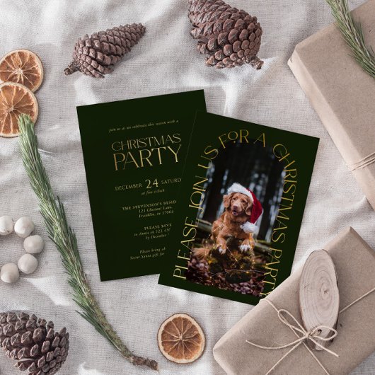 ミニマリストグリーンクリスマスパーティーフォトフォイル招待状 箔シーズンカード