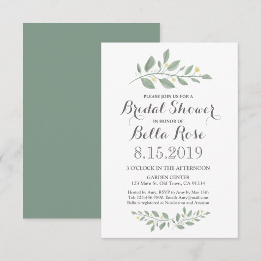 ミニマリストグリーンフラワー ブライダルシャワー招待状 招待状 (正面/裏面)