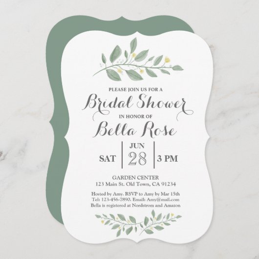 ミニマリストグリーンフローラブライダルシャワー招待状 招待状 (正面/裏面)