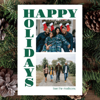 ミニマリストグリーンボールドフォントハッピー ホリデー2枚の写真 シーズンカード