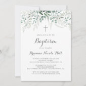 ミニマリストグリーンユーカリカリグラフィー洗礼 招待状 (正面)