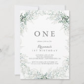 ミニマリストグリーンユーカリプトゥスファースト誕生日パーティー 招待状 (正面)