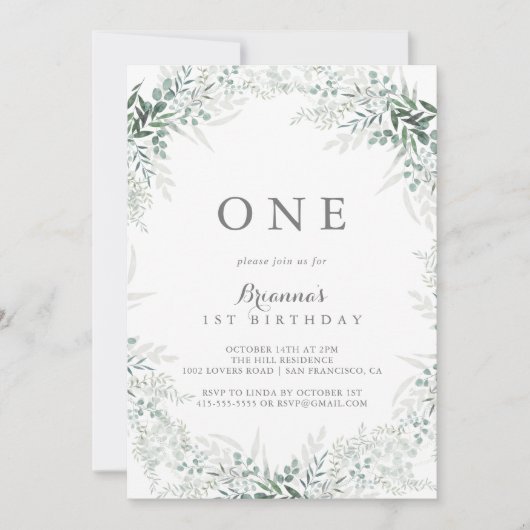 ミニマリストグリーンユーカリプトゥスファースト誕生日パーティー 招待状 (正面)
